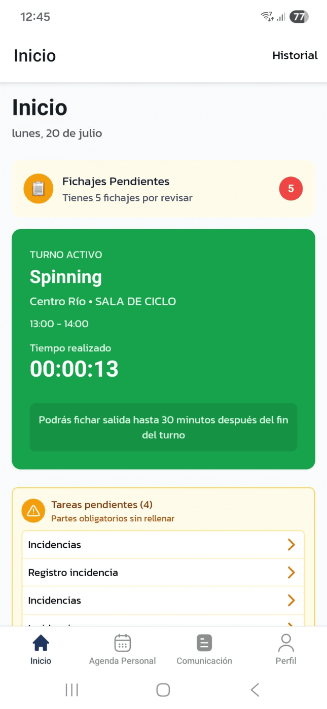 Fichaje desde la app móvil de Coordinafit
